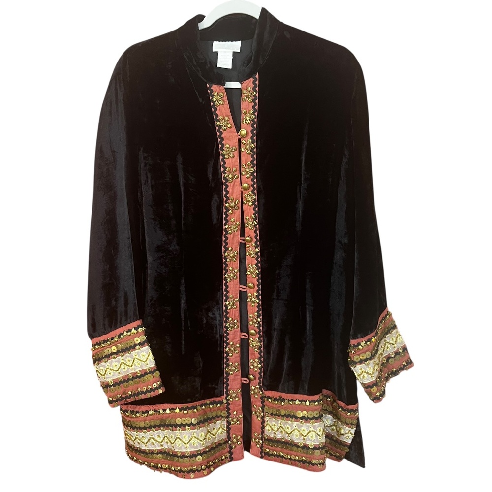 Soft Surrounding Black Velvet Embellished Mandarin Collar Boho Jacket Coat SZ XL